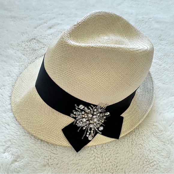 NEW!!! Brunello Cucinelli Straw Fedora Hat with Rhinestone Brooch $1795 - Picture 1 of 6